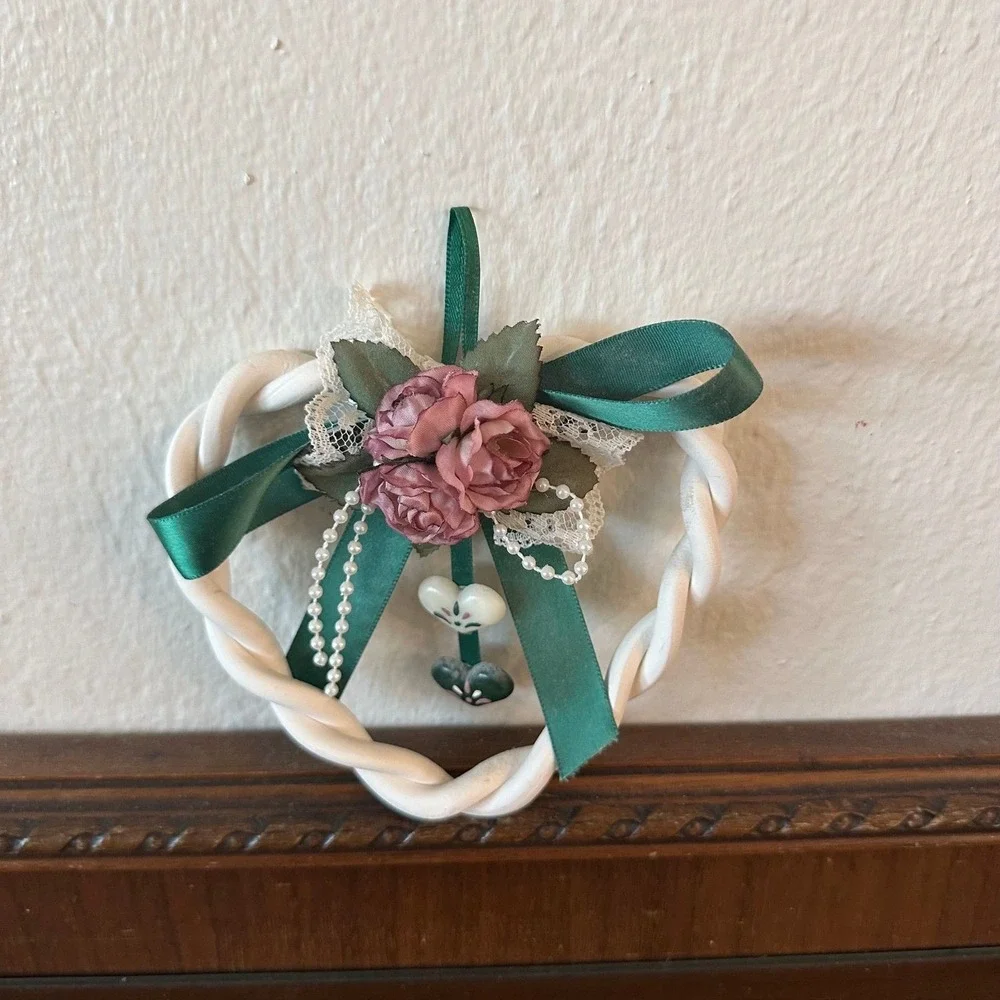 Vintage Heart Wall Hanging Ornament Rose Floral Lace Ribbon Cottagecore Decor